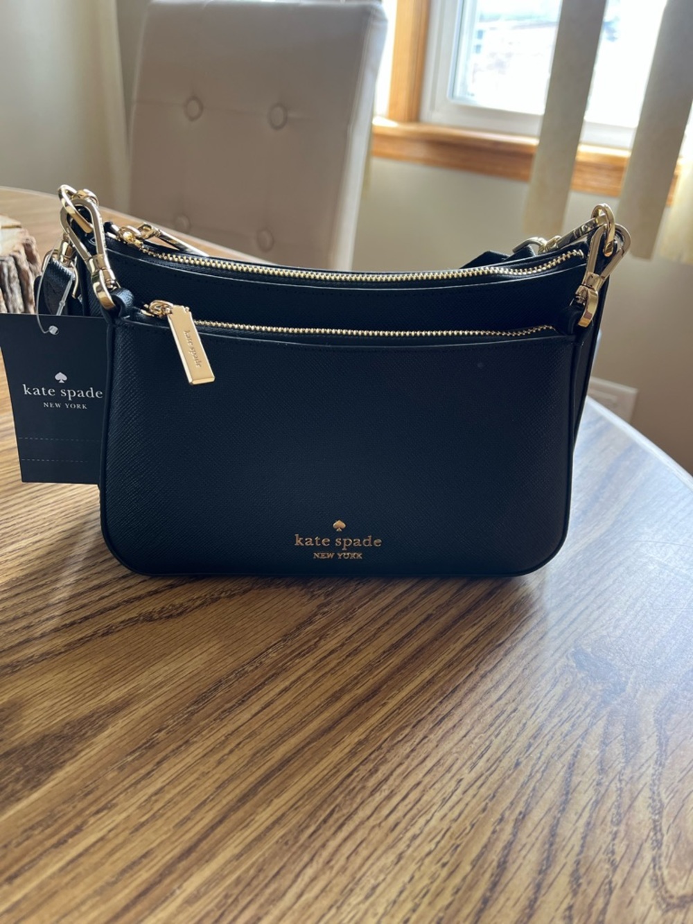 Kate Spade Black Double Zip Saffiano Crossbody with Gold Hardware